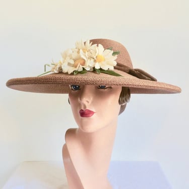 1950's Caramel Woven Straw Wide Brim Sun Hat with Fabric Daisies Velvet Piping Trim 50's Spring Summer Millinery Picture Portrait Colby 