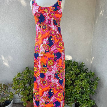 Vintage Hawaiian Groovy nylon maxi colorful sun dress by Catalina Inc Small 