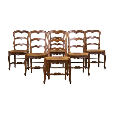 Antique Country French Louis XV Style Provincial Walnut Dining Chairs W/ Rush Seats - Set of 6 