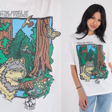 Earth Friends Shirt 90s Wildlife Conservation T-Shirt Forest Friends Wolf Owl Frog Tree Bird Graphic Tee Single Stitch Vintage Medium Large 