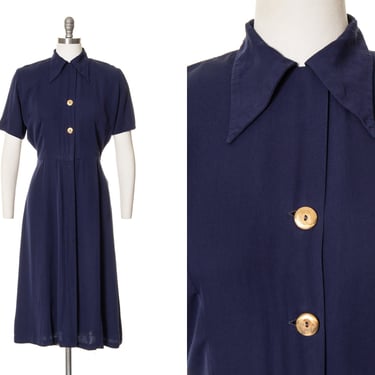 Vintage 1940s Shirt Dress | 40s Dark Navy Blue Rayon Dagger Collar Minimalist Day to Evening Shirtwaist Day Dress (medium) 