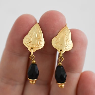Vintage Black Bead Dangle Pierced Earrings 