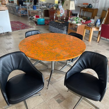 Mid Century Dining Table with Four Black Vinyl/Chrome Chairs