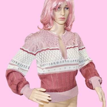 Vintage 1980s Pointelle Sweater, Pink, Crochet, Puff Sleeves, Cottagecore, Boho, Grandma, Barbie, Color Block 