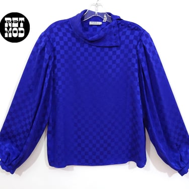 Fashion Forward Vintage 80s Indigo Colored Checkerboard Satin Long Sleeve Blouse from Saks Fifth Avenue 