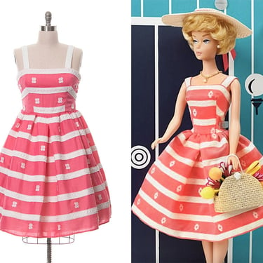 Vintage 1950s Style Sundress | Modern BARBIE x UNIQUE VINTAGE Collection Pink Floral Striped Fit and Flare Pockets Day Dress (large/x-large) 