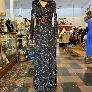 1970s maxi dress, rainbow polka dots, betty lou, 70s does 30s, 1930s style dress, small, long sleeve, black polyester, red belt 