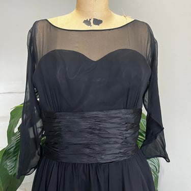 1950s Silk Chiffon Illusion Dress Full Skirt MCM LBD 36 Bust Vintage 