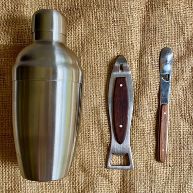 Vintage Mid Century Modern Bar Tools Set - Bottle n Can Opener with Garnish Knife - Wood Grips, Stainless Steel, Church Key, Groomsman Gift 