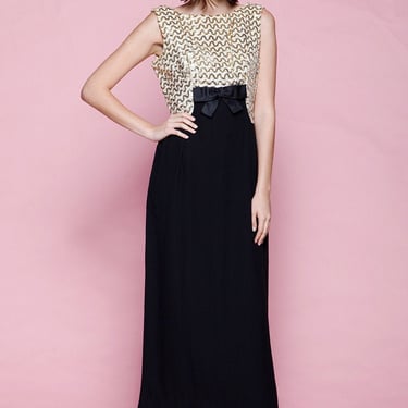 sequined evening dress formal gown black gold sleeveless vintage 60s MEDIUM M 