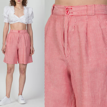 80s Red & White Pinstripe High Waist Shorts - Small, 27" | Vintage Giorgio Sant Angelo Pleated High Rise Casual Shorts 