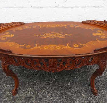 Early 1900s Heavy Hand Carved Inlay Coffee Table 2340