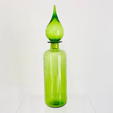 Vintage 1970s MID Century Modern Green Art Glass Tear Drop Orb Stopper Bottle Decanter 