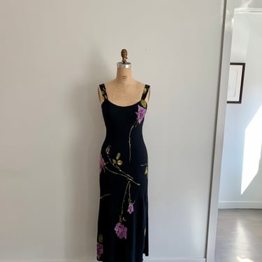 90s/Y2k Vintage Betsey Johnson black floral rayon dress-size S 
