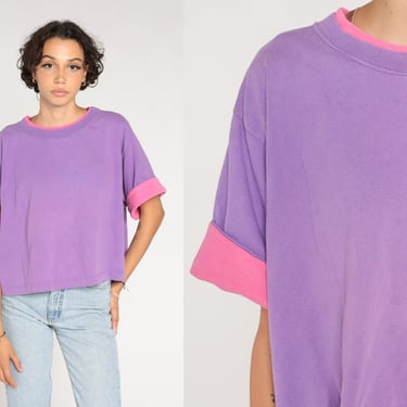 Purple T-Shirt 90s Pink Cuffed Tee Retro Basic Plain Simple Short Sleeve TShirt Casual Top Boxy T Shirt Minimal Vintage 1990s Cotton Large L 