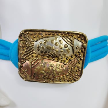 1980's Brass Fish Motif Brutalist Belt Buckle Turquoise Cloth Tie Belt 