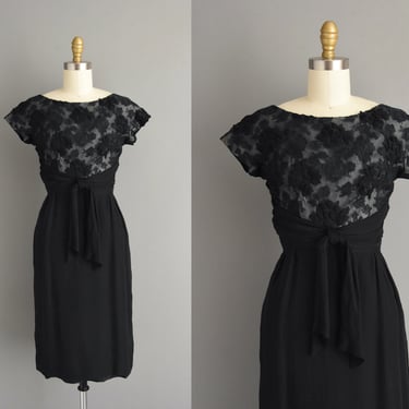 1950s vintage dress | Doris Kirkely Black Chiffon Floral Lace Cocktail Party Wiggle Dress | Small | 50s dress 
