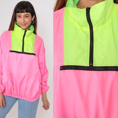 90s Neon Windbreaker Hot Pink Color Block Jacket Windbreaker Quarter Zip Up 1990s Sportswear Vintage Highlighter Yellow Green Extra Large xl 