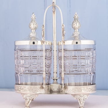 Victorian Silver and Glass Double Pickle Castor with Tongs