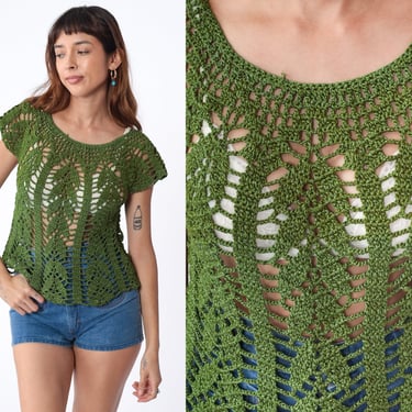 Olive Green Crochet Top 80s Sheer Knit Blouse | Shop Exile