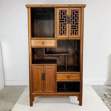 Vintage Asian Cabinet with Fretwork and Oriental Hardware - Solid Wood Chinoiserie Storage Shelf Cupboard for Kitchen, Dining or Entry Room 