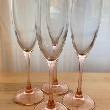 Set of Four Vintage Champagne Flute with Pink Stems by Luminarc France