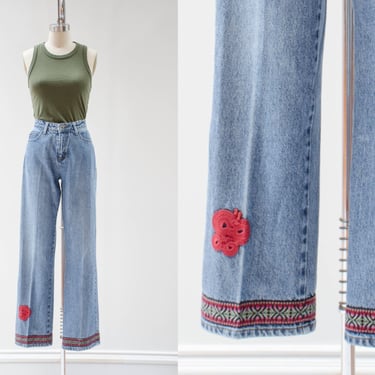 wide leg jeans | 90s y2k vintage 70s style faded denim embroidered flare bell bottom jeans 