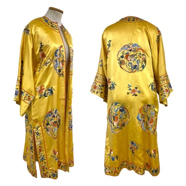 Vtg Vintage 1940s 40s Yellow Garden Scene Embroidered Silk Chinese Robe Duster 