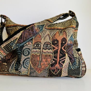 Laurel Burch 90s Cat Abstract Print Tapestry Crossbody Shoulder Medium Bag 