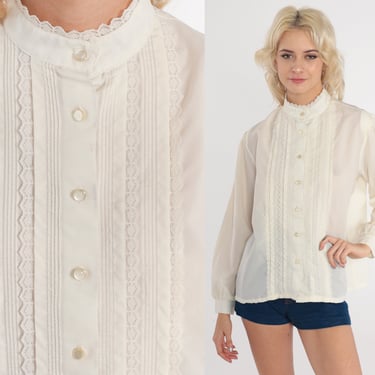 White Victorian Blouse Puff Sleeve Shirt Lace Top Button Up Shirt 70s Boho Top Vintage 1970s Formal Bohemian Long Sleeve Hippie Medium 