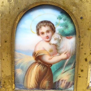 Antique 1800's Hand Painted Miniature Portrait of Saint John the Baptist with Lamb in Brass Frame, Vintage Religious Painting 