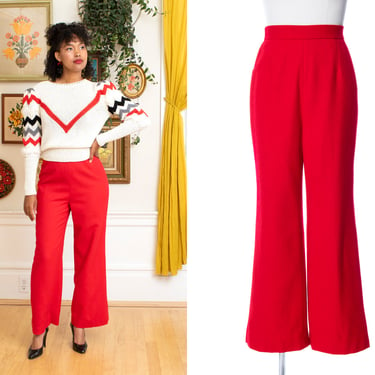 Vintage 1970s Pants | 70s Red Wool High Waisted Flared Trousers (x-small) 