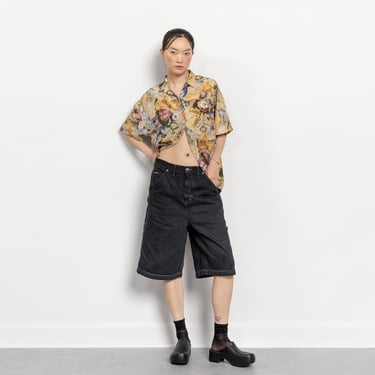 BLACK DENIM CARPENTER Shorts Baggy Fit Vintage Longline Jorts Jean Over Dyed / 41 Inch Hips  / Size Small Medium 