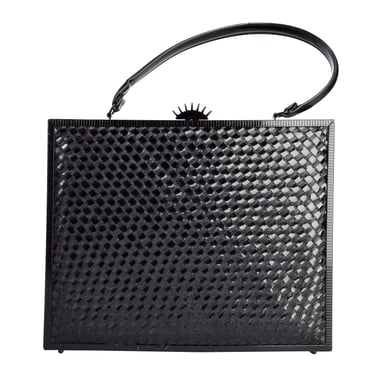 Lesco Lona Vintage 1960s Incredible Black Woven Patent Straw Metal Top Handle Bag