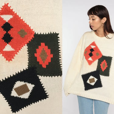Southwestern Knit Sweater White Red Black Navajo Style Sweater Boho 80s Southwest Pullover Slouchy Bohemian Vintage Jumper Extra Large XL 