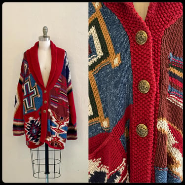 vintage hand knit cotton multi color harolds south western cardigan 