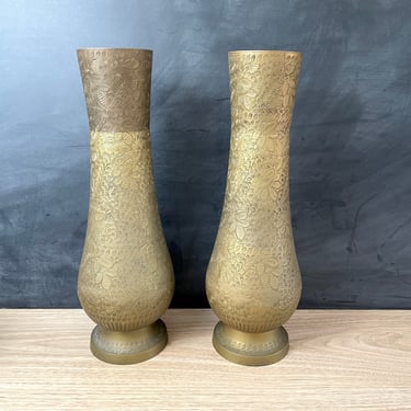 Bohemian tall brass vases - a pair - vintage carved floral design 