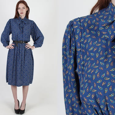 Vintage 80s Blue Paisley Dress Secretary Office Bow Tie Full Skirt Pockets Midi Mini Dress 