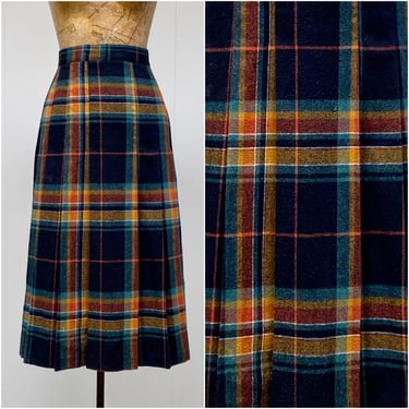 Vintage 1970s Pleated Plaid Wool Skirt, Small 28 Inch Waist 