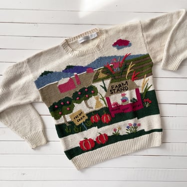 embroidered sweater | 80s 90s vintage Robert Scott country farm stand vegetable hand knit novelty streetwear cottagecore sweater 