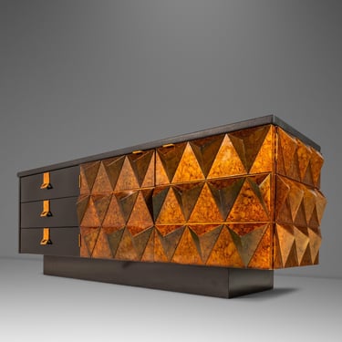 Brutalist Sculptural Diamond Faced Credenza / Sideboard With Leather Top, Italy, c. 1970s 