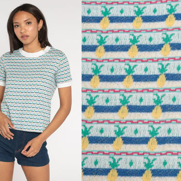 90s Pineapple Shirt Ringer Tee Fruit Print Shirt Retro TShirt All Over Print Tee Vintage T Shirt Graphic 1990s Blue White Extra Small xs 