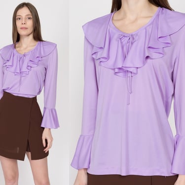 Large 70s Lilac Purple Ruffle Blouse | Vintage Boho Long Sleeve Western Top 