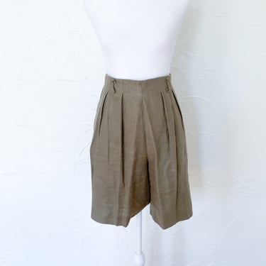 80s Anne Klein II Linen Light Brown Olive Green High Waisted Shorts | Medium/28" Waist 
