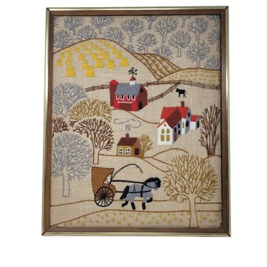 Vtg Crewel Stitchery Pennsylvania Dutch Horse Carriage Village 21x17 Primitive 