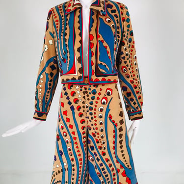 Bessi Fantastic Signed Printed Cotton Velveteen Skirt Set Late 1960s