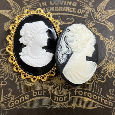 black carved cameo brooch vintage classic lady silhouette pin 