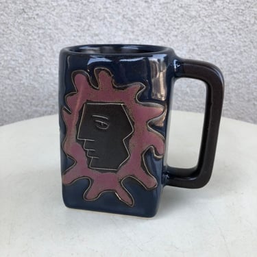 Vintage Mara Design made in Mexico coffee pottery mug sun moon theme dark colors holds 10 ozs 