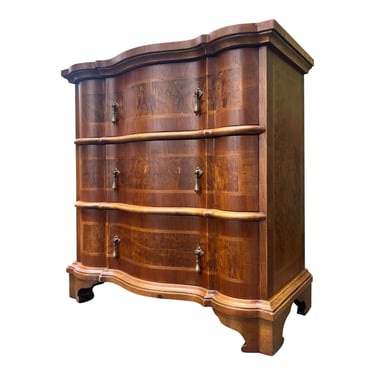 Vintage Banded Burl Walnut Inlay Serpentine Front Bedside Chest Made in Italy - Newly Refinished 