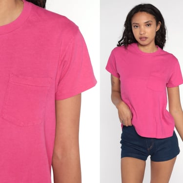 Hot Pink Shirt Plain TShirt 80s T Shirt Pink Tshirt Pocket Shirt Retro Tee Vintage Normcore Basic Women Plain Tshirt Small Medium 